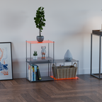 A pair of modern modular acrylic and metal shelving units called Modulo styled in a minimalist room with a wood herringbone floor, a potted plant, books, and decorative accessories.